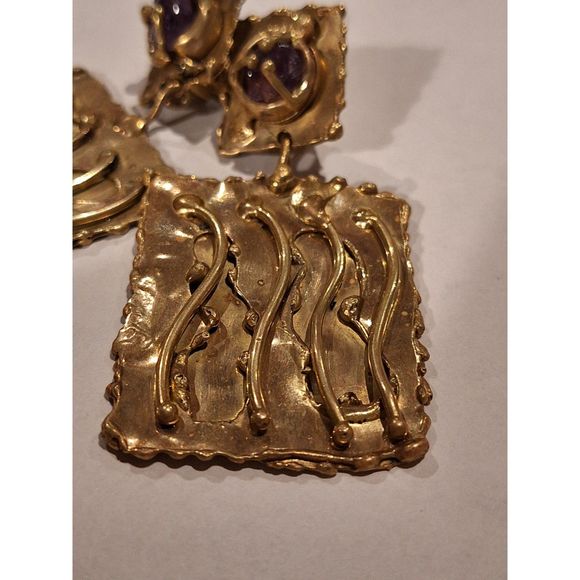 Brutalist Designer Handmade Clip On Earrings Brass and Raw Amethyst Ernandes - Picture 10 of 16